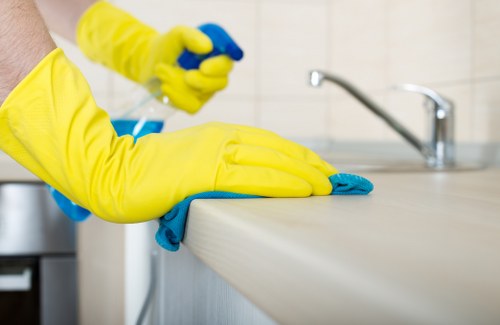 Technician inspecting a carpet stain before treatment